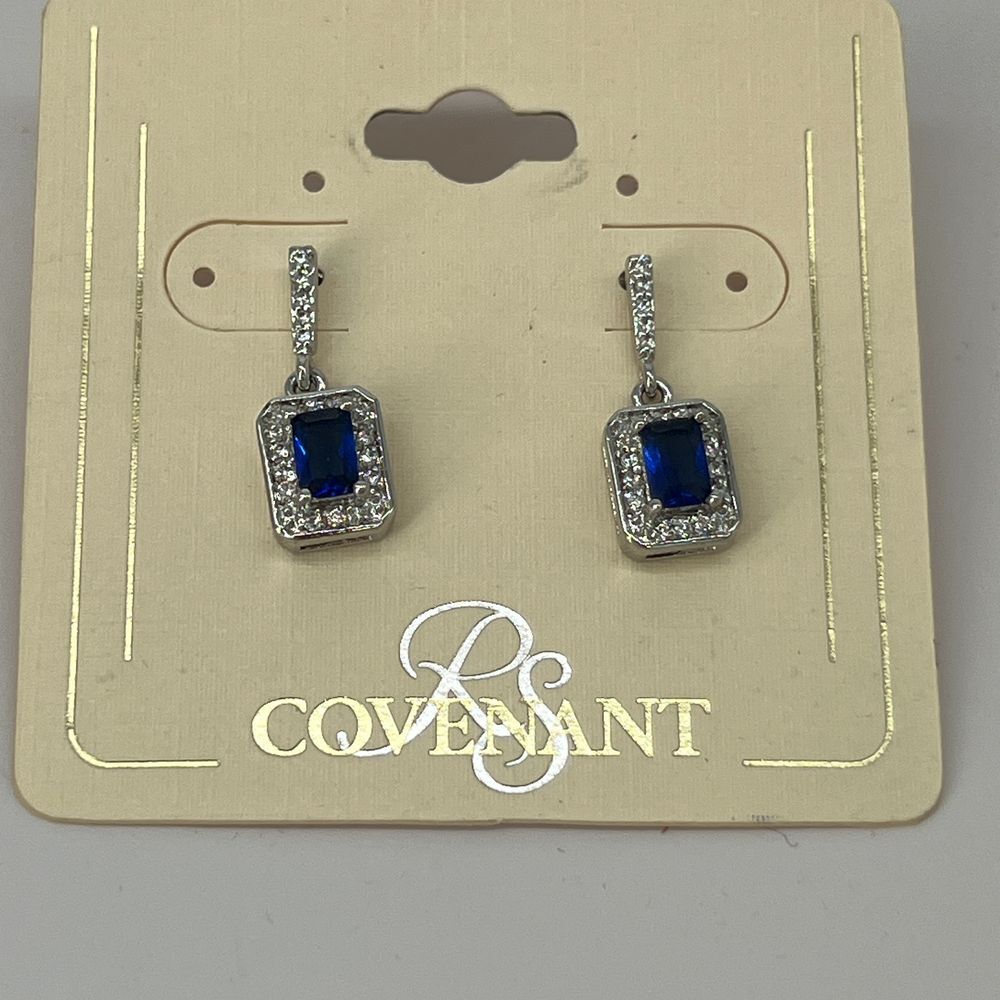 Covenant Blue‎ Sapphire Crystal Drop Earrings Silver Tone Rhinestone Dangle